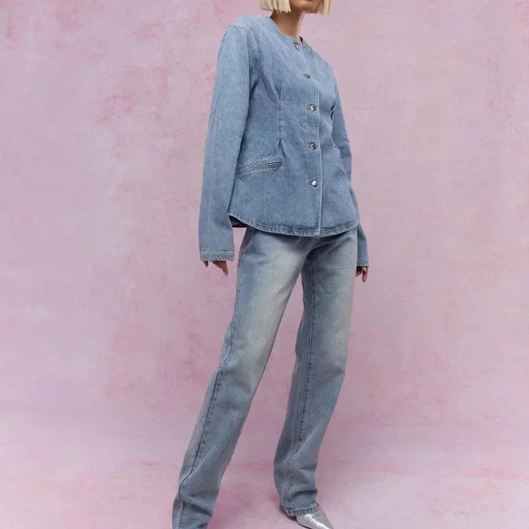 Blue Casual Women's Buttoned Round Collar Long Loose Sleeves Denim Jacket - Picture 4 of 4